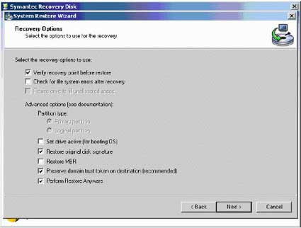 ������ �������������� ������� (System Restore Wizard) � ��������� Backup Exec